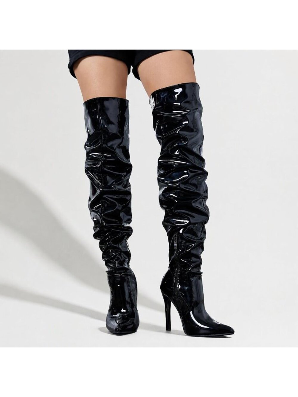 Women's Black Pointed Toe Stiletto Heel Side Zipper Dress Sexy Thigh High Boots - Picture 5 of 5